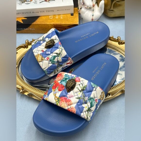 🆕 KURT GEIGER LONDON 🧿 NWOT Meena Eagle Blue Botanica Pool Slide, Sz 37 US 7 - Picture 8 of 12